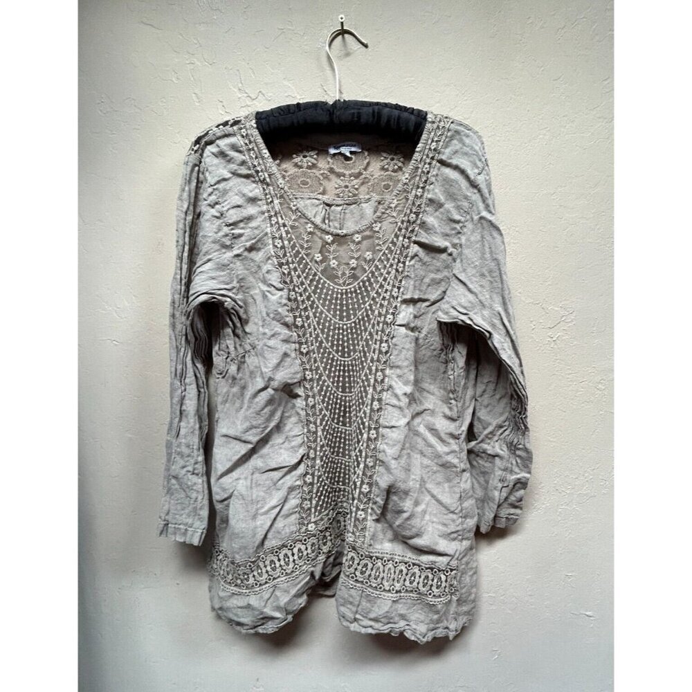 Rosemarine Women's Size 2X Brown Linen Tunic Top Embroidered Lace Long Sleeves